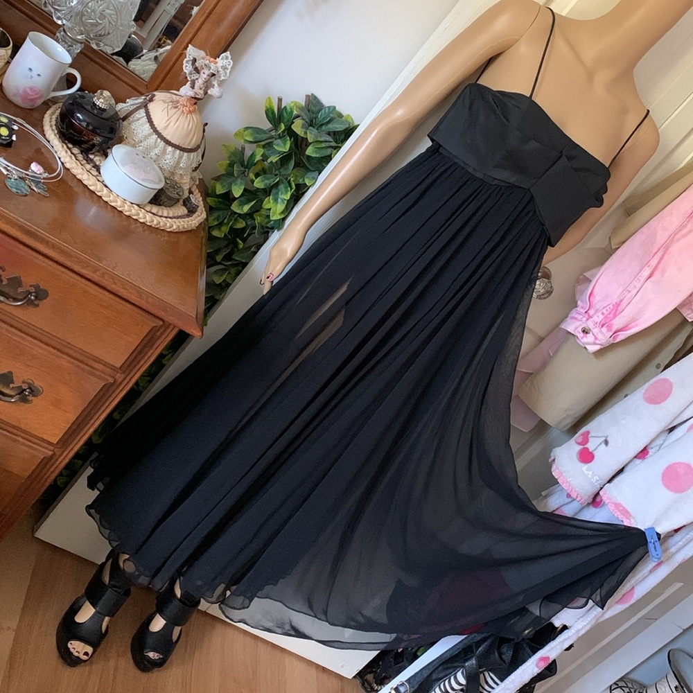 Vtg 60's black sheer chiffon full circle babydoll swing dress XS S